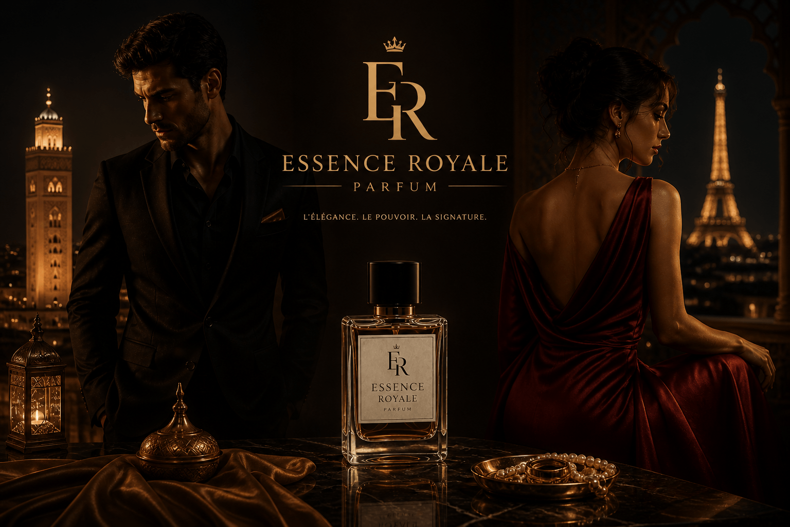 Flacon Essence Royale mis en scène dans un univers de luxe